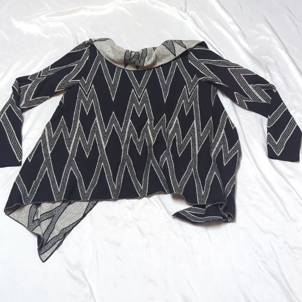 In Style Asymmetrical Open Front Black & Grey Waterfall Cardigan Angora Blend